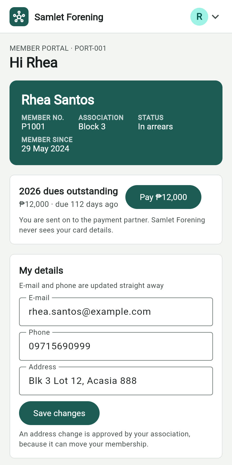The homeowner’s page on a phone with membership card and dues payment